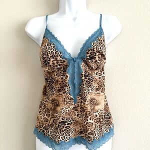 Leopard Print Babydoll Cami Top Womens Large Blue Lace Y2K Glam Feminine Festive